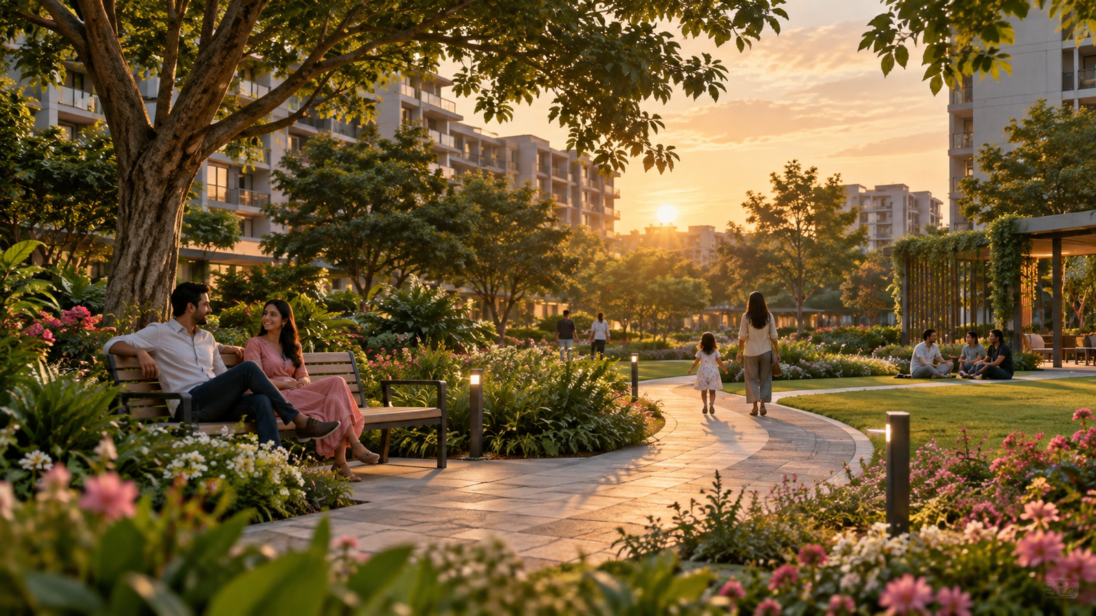 Landscaped walkway with seating and residences
