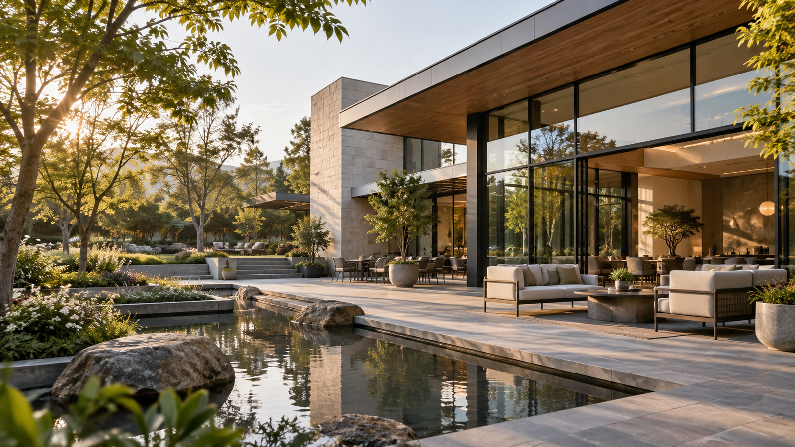 Clubhouse terrace beside a landscaped water feature