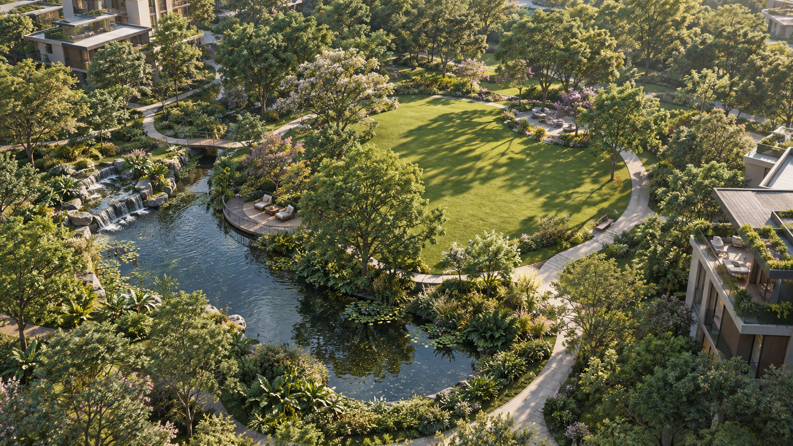 Green walking paths surrounding a landscaped lawn